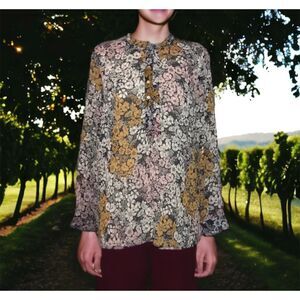H&M Semi Sheer Flower Print over Black Long Sleeve Boho Top Sz 14
